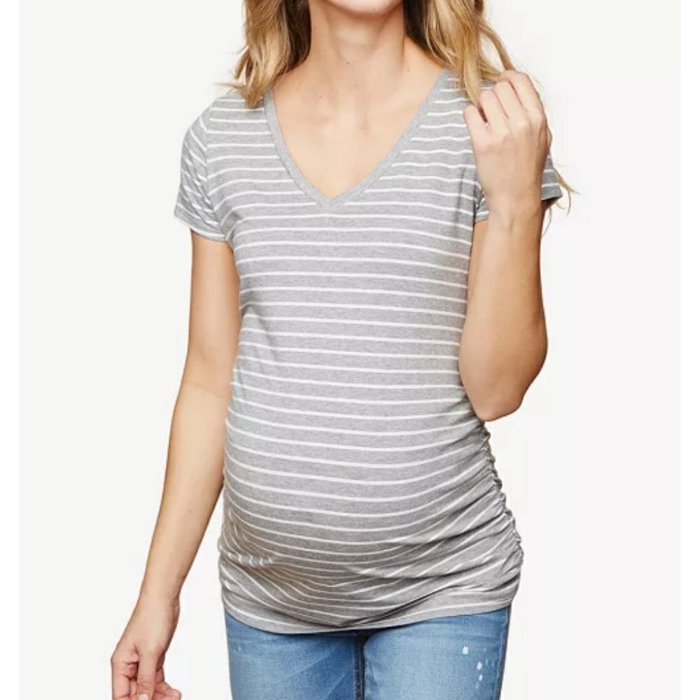 Motherhood Maternity Grey White Striped Ruched Sides V Neck T-Shirt sz S… - Picture 1 of 5